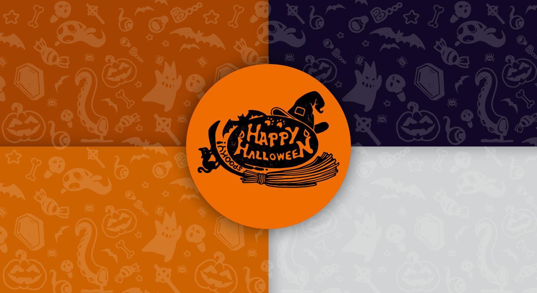 Halloween festive seamless pattern. Endless backgrounds with pumpkins, skulls, bats, spiders, ghosts, bones, candies, spider webs and many more. vector