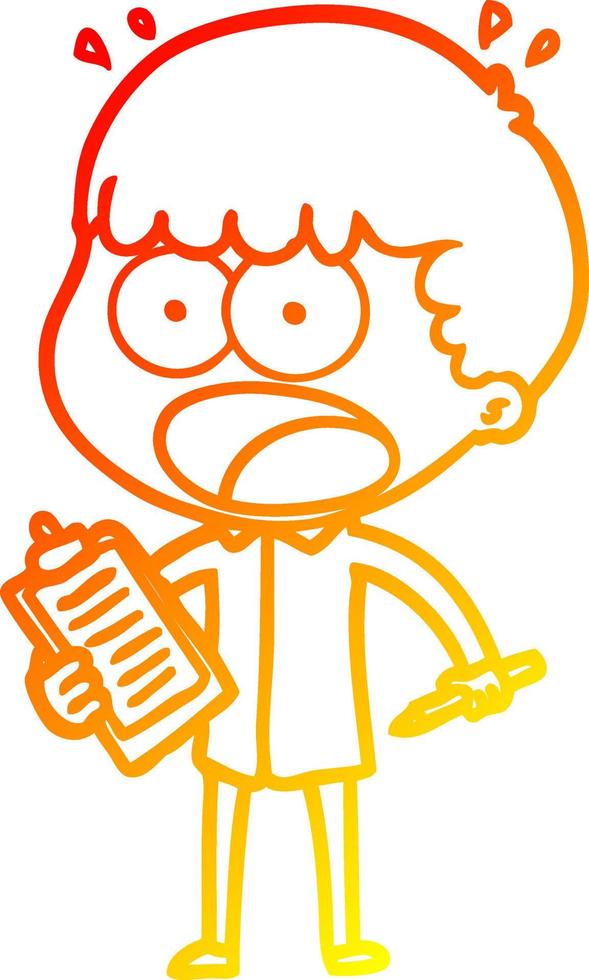 warm gradient line drawing cartoon shocked man with clipboard and pen vector