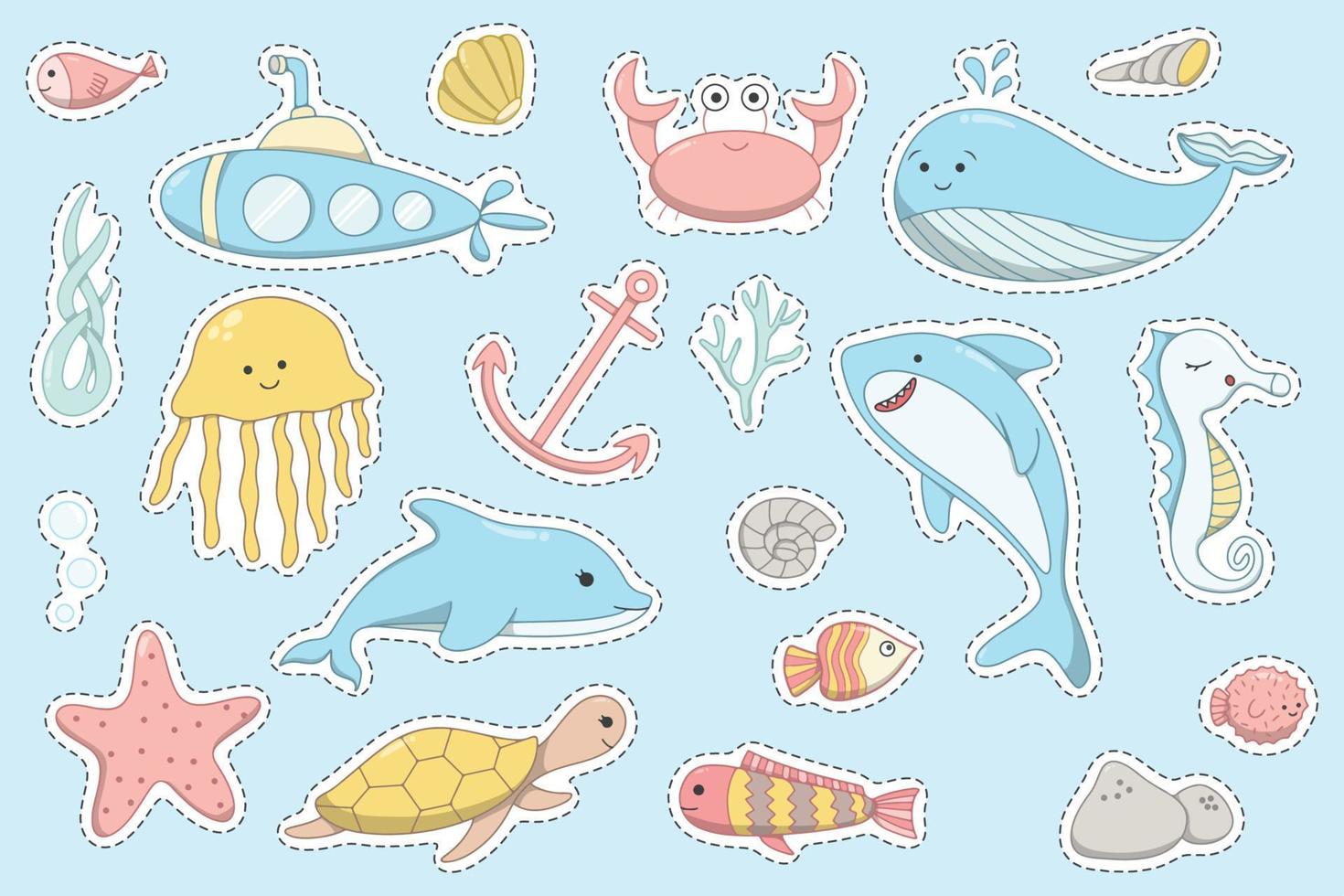 under the sea cute stickers set clipart vector