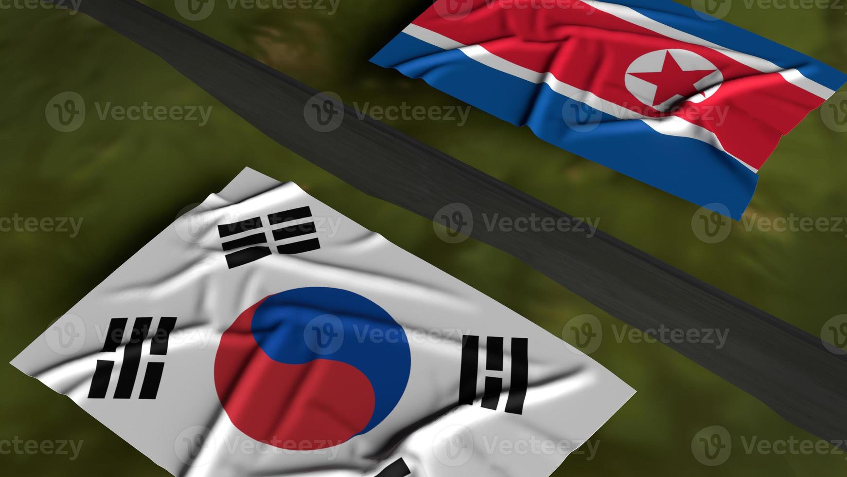 banderas de corea del norte y corea del sur en el mapa representación 3d para contenido fronterizo. foto