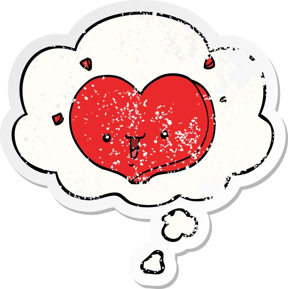 cartoon happy love heart and thought bubble as a distressed worn sticker vector