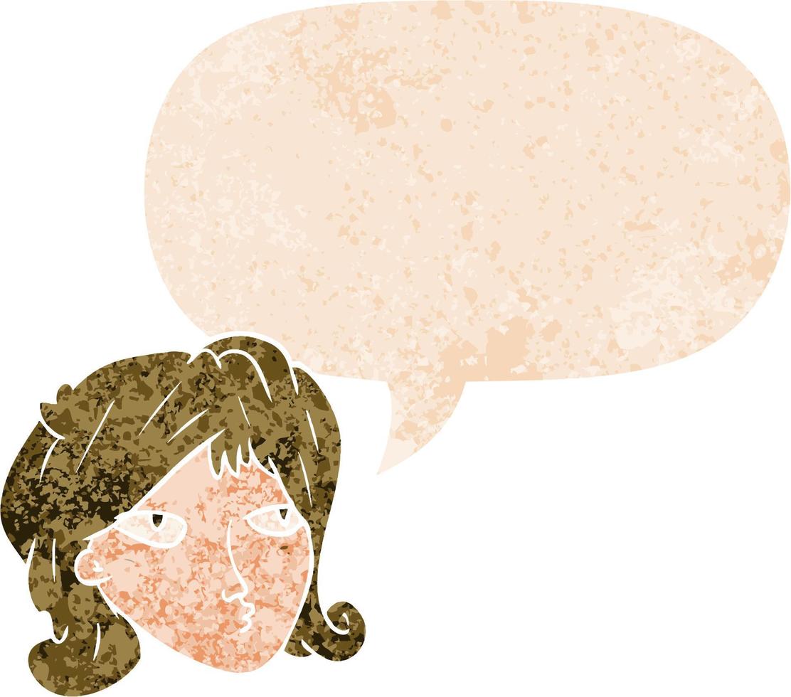 cartoon woman and speech bubble in retro textured style vector