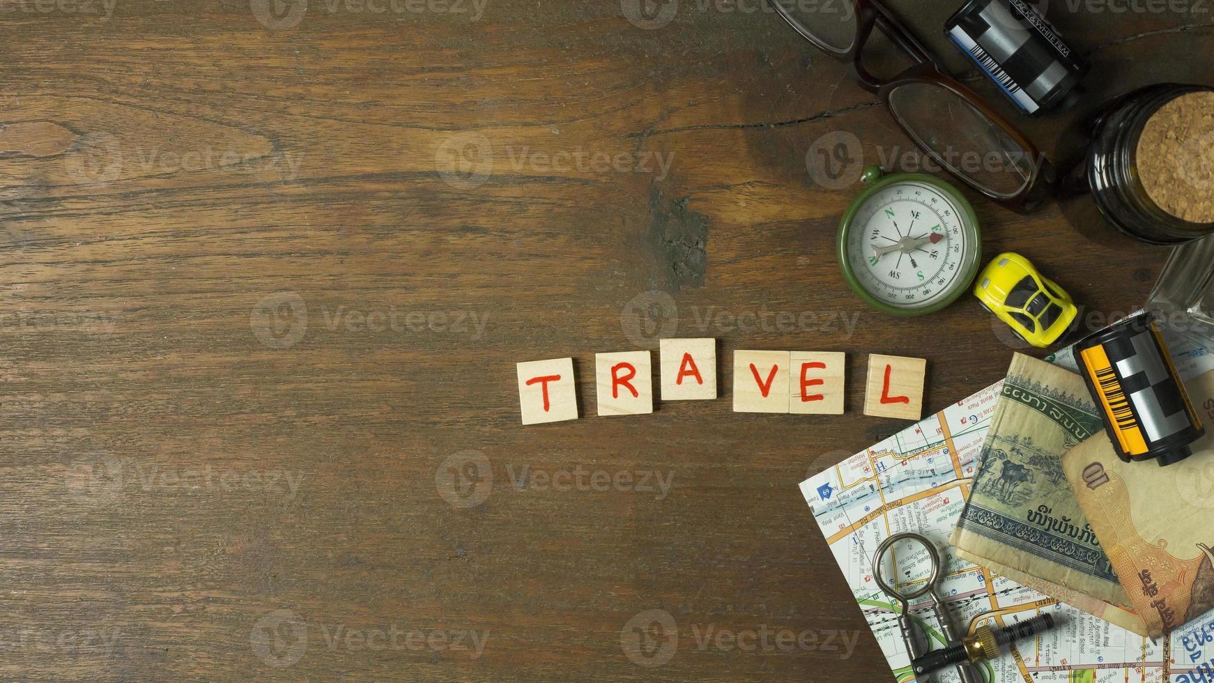 The  Gadgets for Travel on top flat lay image  for background. photo