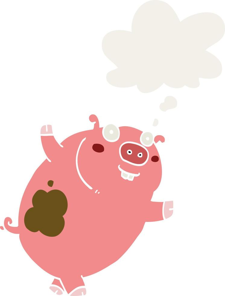 divertido cerdo de dibujos animados y burbuja de pensamiento en estilo retro vector