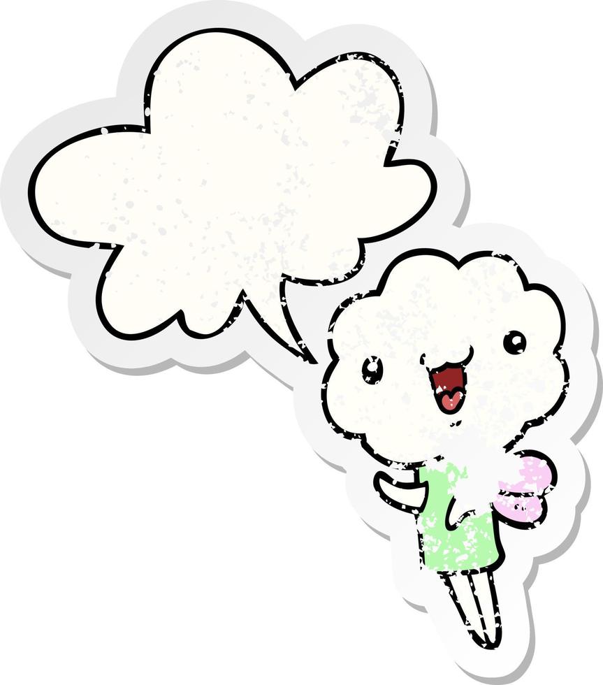 cute cartoon cloud head creature and speech bubble distressed sticker vector