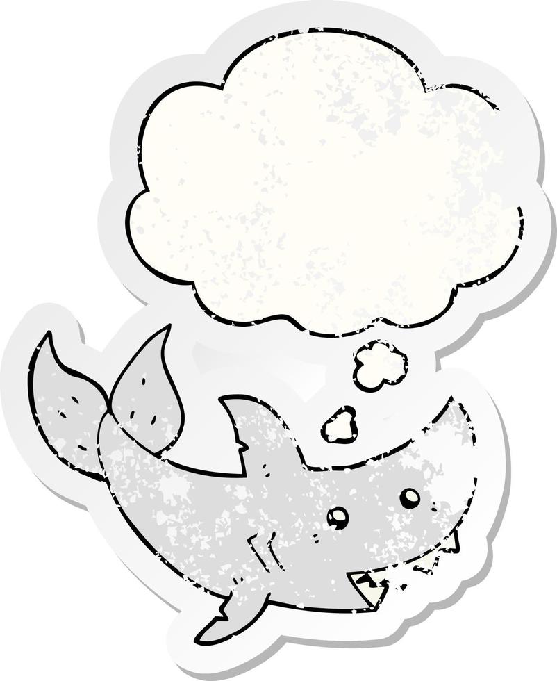 cartoon shark and thought bubble as a distressed worn sticker vector