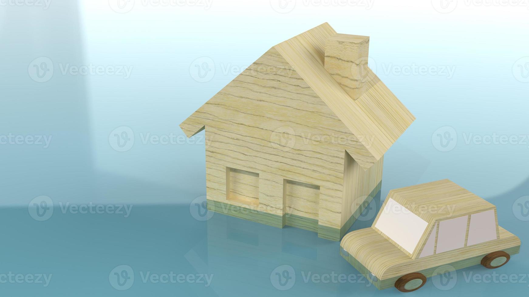The home and car wood toy in water 3d rendering for flood content. photo