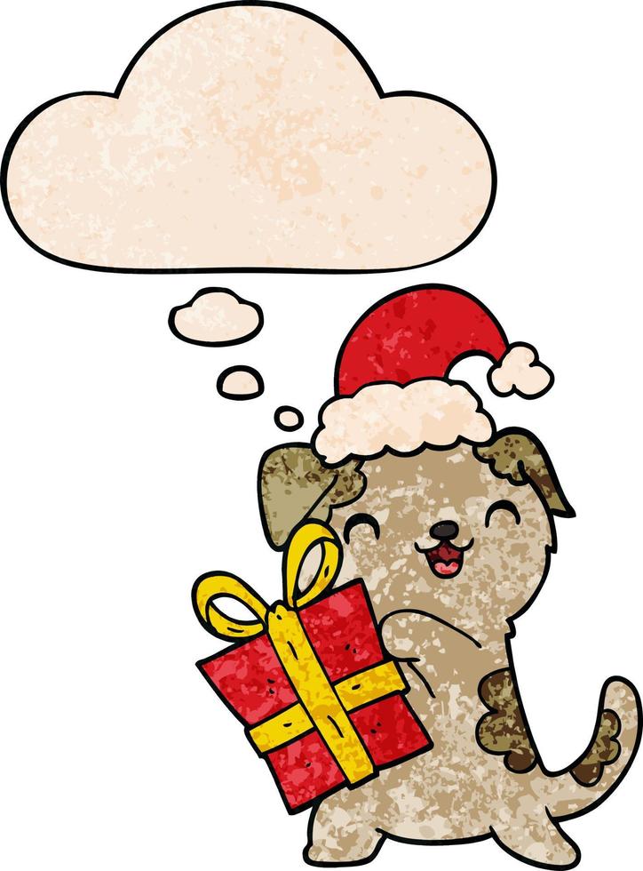 lindo cachorro de dibujos animados con regalo de navidad y sombrero y burbuja de pensamiento en estilo de patrón de textura grunge vector