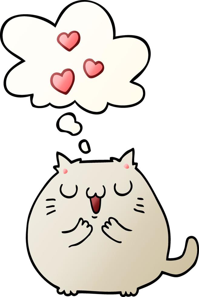cute cartoon cat in love and thought bubble in smooth gradient style vector