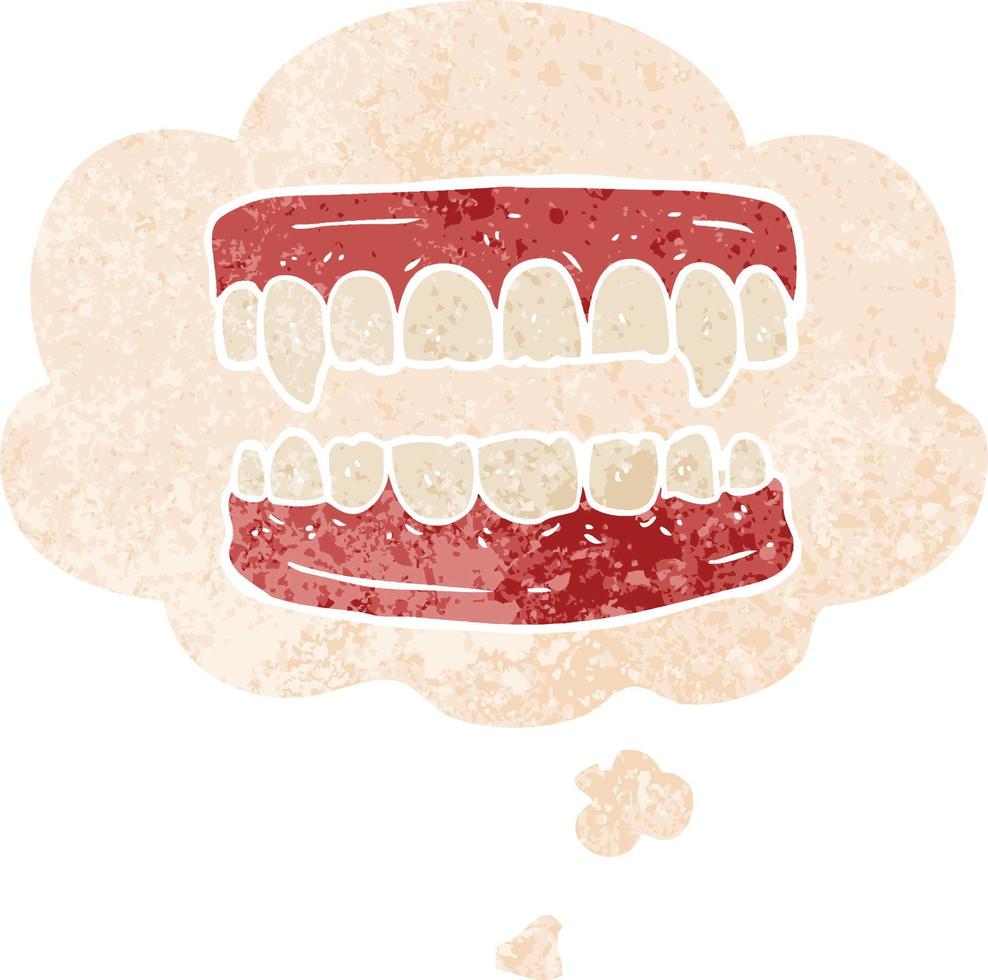 cartoon vampire teeth and thought bubble in retro textured style vector