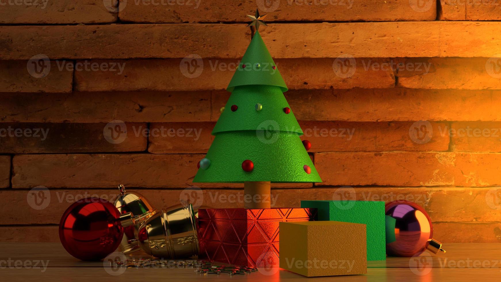 Christmas tree on wood table 3d rendering image for christmas celebration content. photo