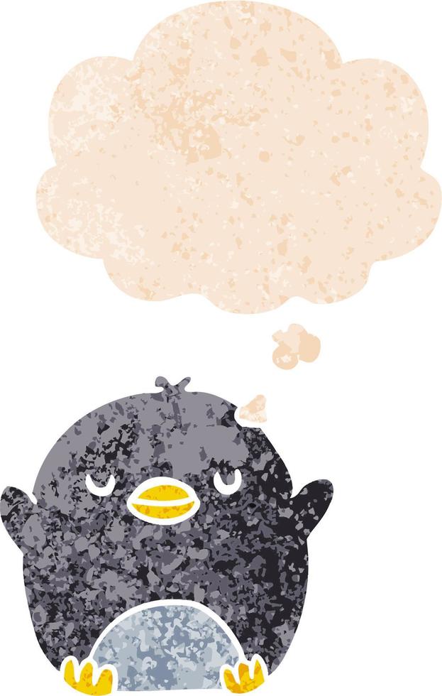 cartoon penguin and thought bubble in retro textured style vector