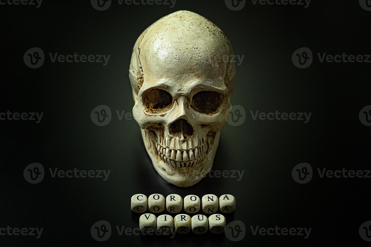 corona virus  wooden cube and skull  on black background for medical content. photo