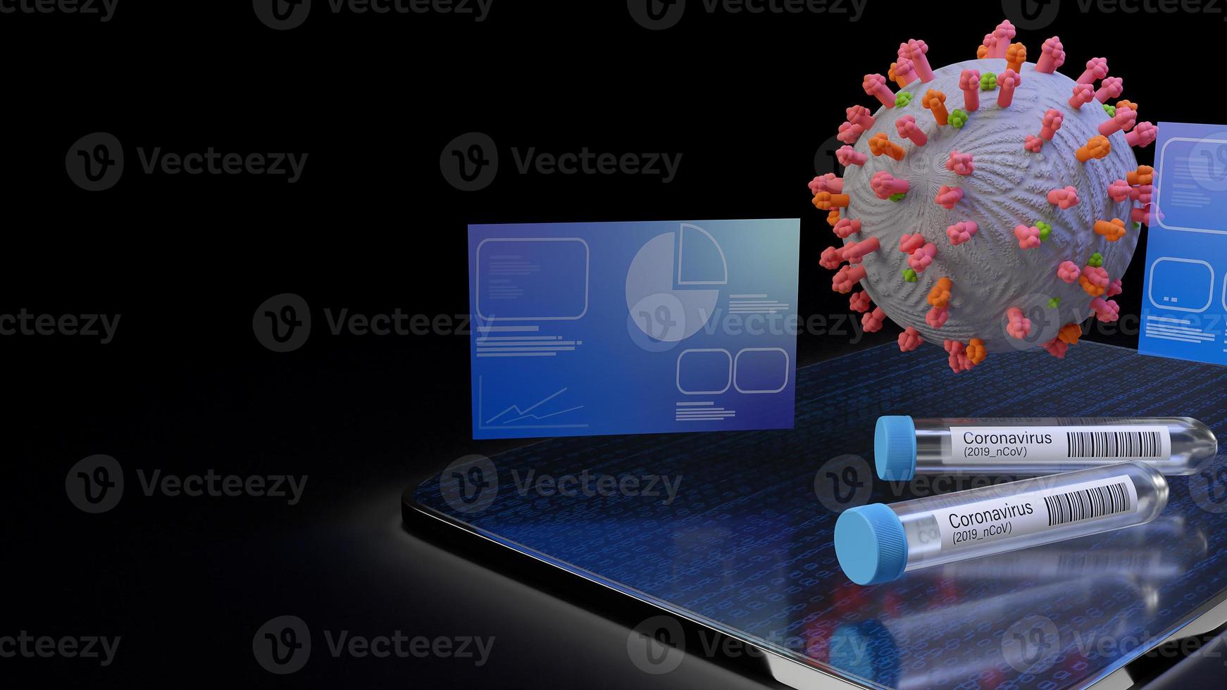 corona virus and  science tube on tablet 3d rendering for medical content. photo