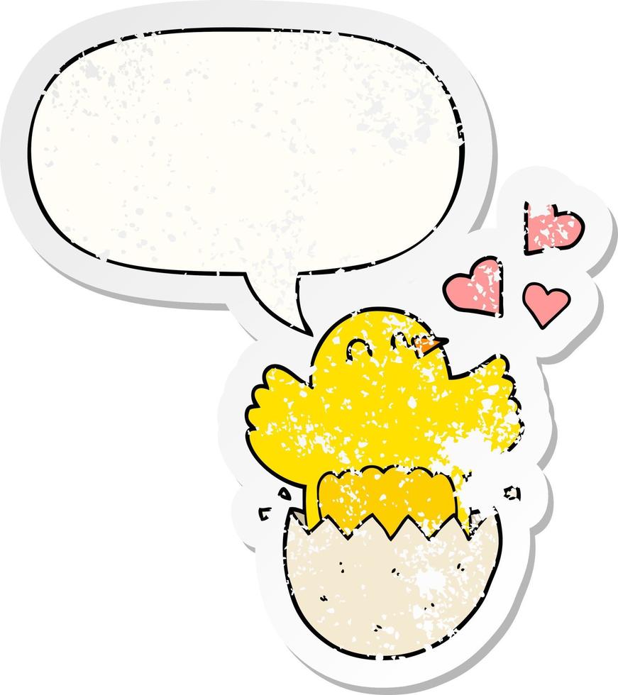 cute hatching chick cartoon and speech bubble distressed sticker vector