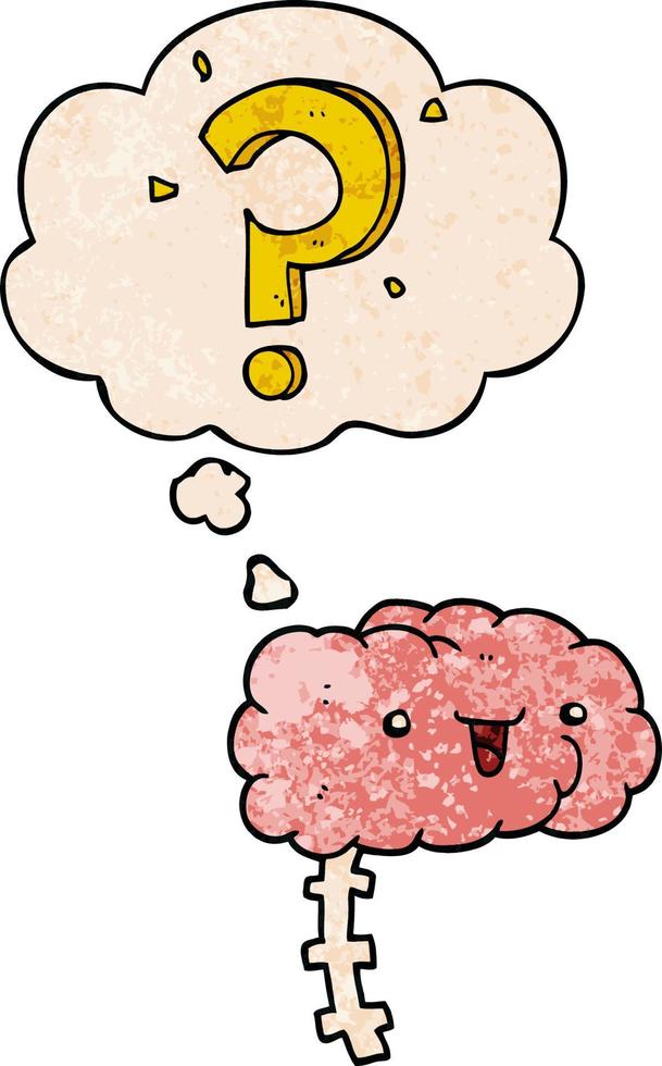 cartoon curious brain and thought bubble in grunge texture pattern style vector