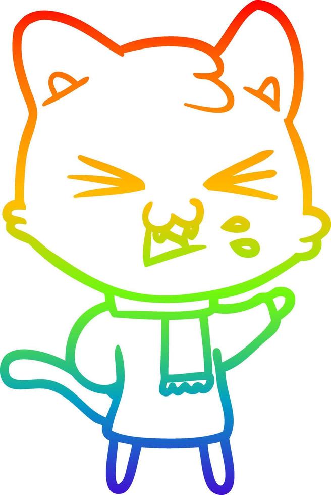 rainbow gradient line drawing cartoon cat hissing vector