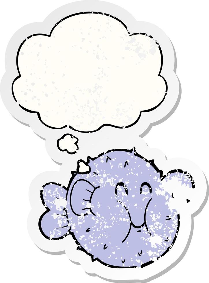 cartoon puffer fish and thought bubble as a distressed worn sticker vector