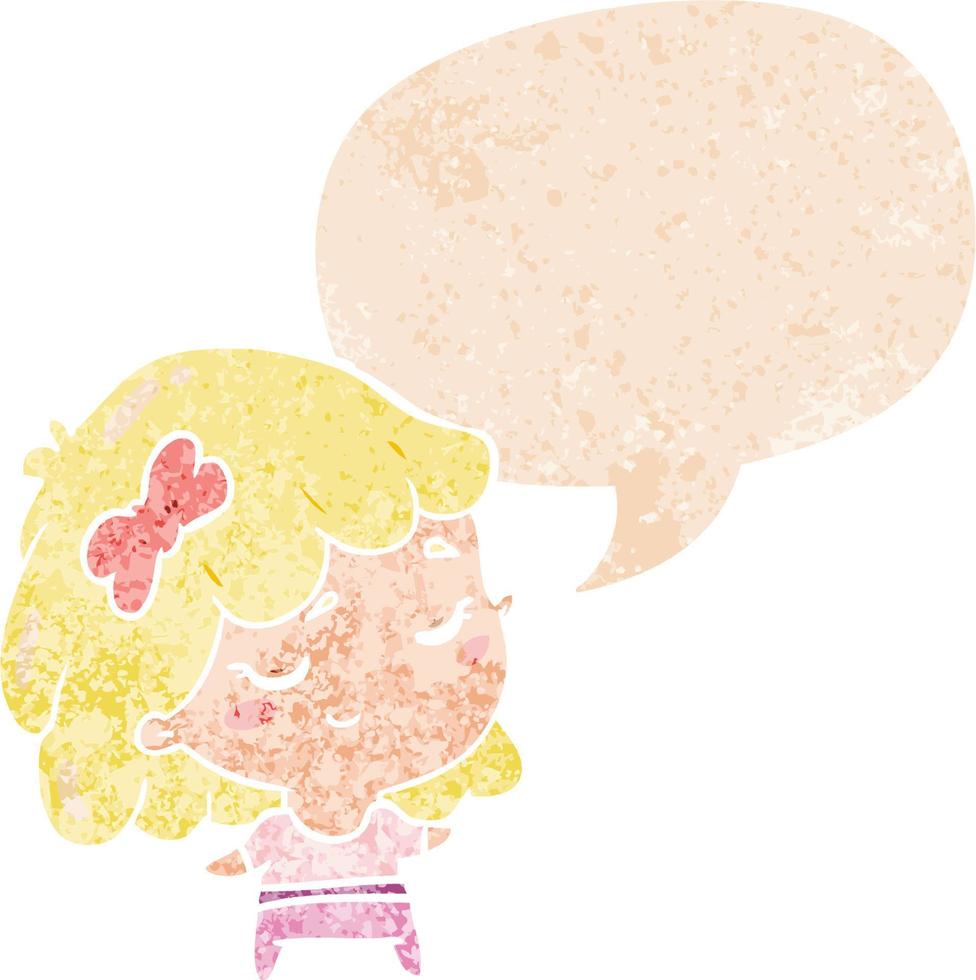 cartoon happy girl and speech bubble in retro textured style vector