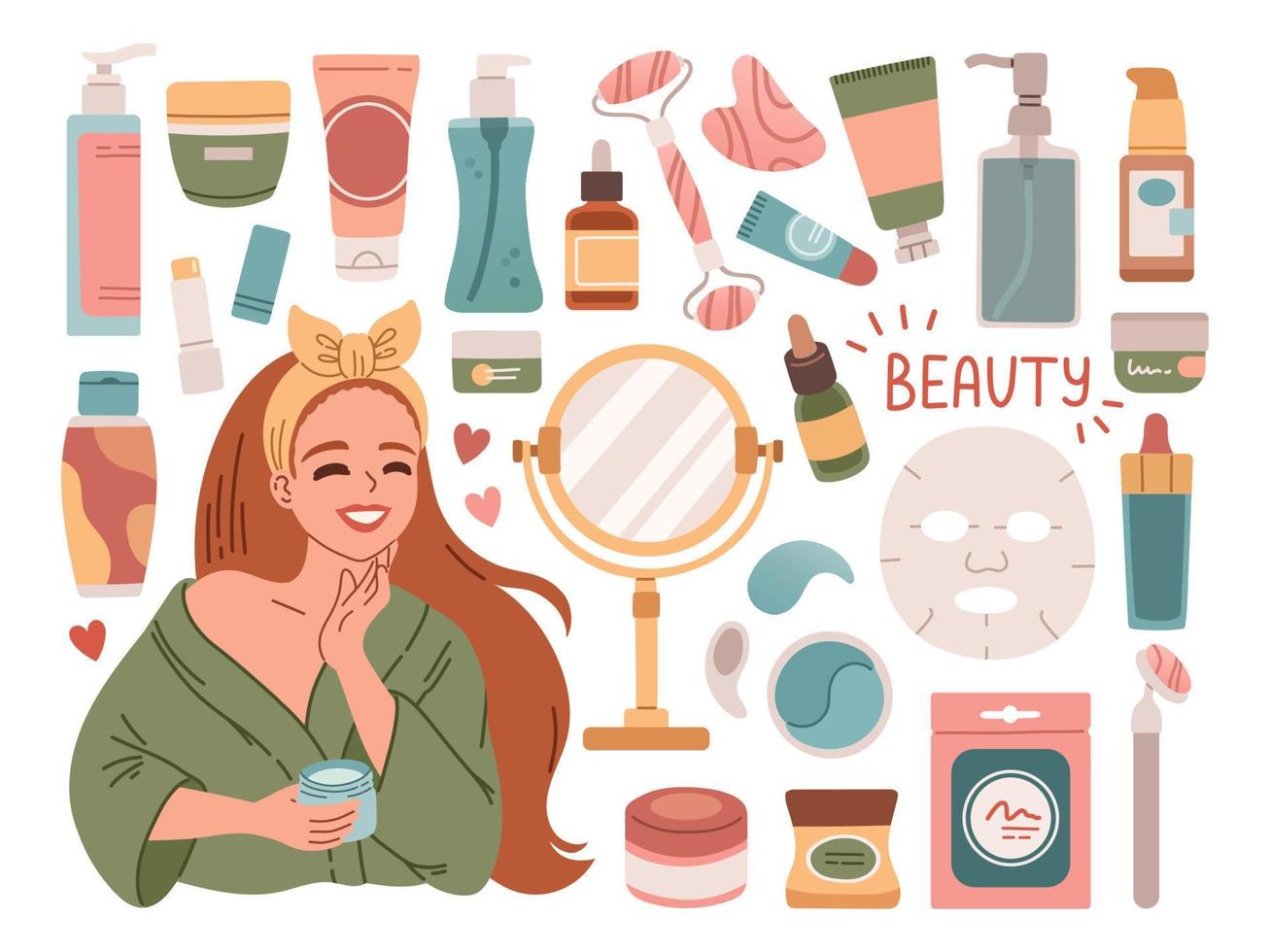 conjunto con productos de belleza. piel, ojos, labios cosméticos y accesorios. ilustración vectorial gráfica plana aislada en fondo blanco vector