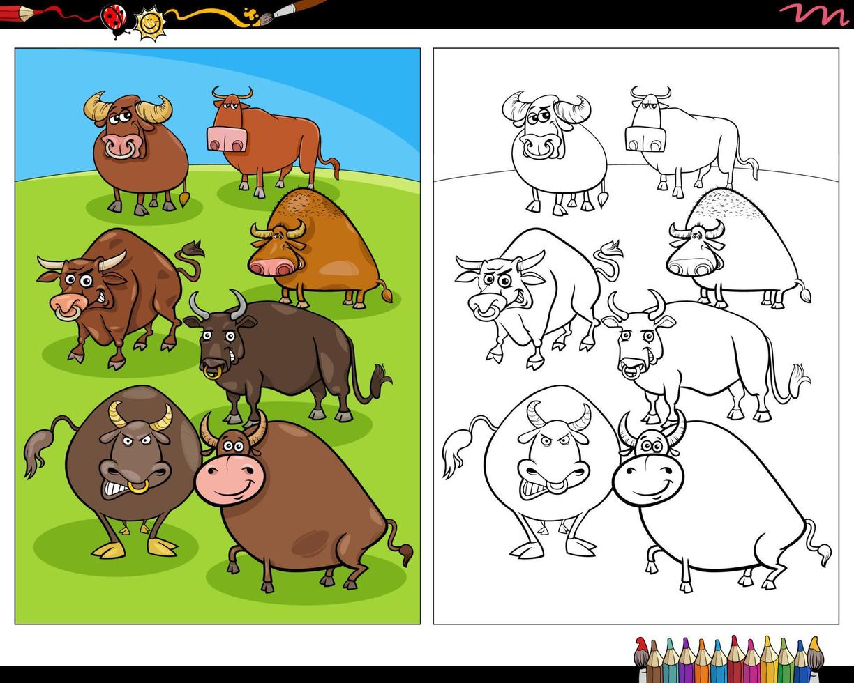 caricatura, toros, granja, animal, caracteres, colorido, página vector