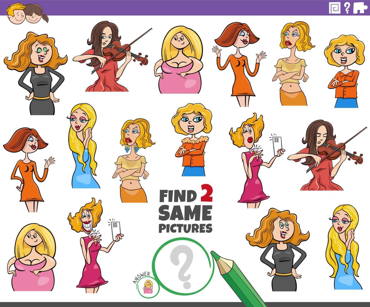 find two same cartoon woman characters educational task vector