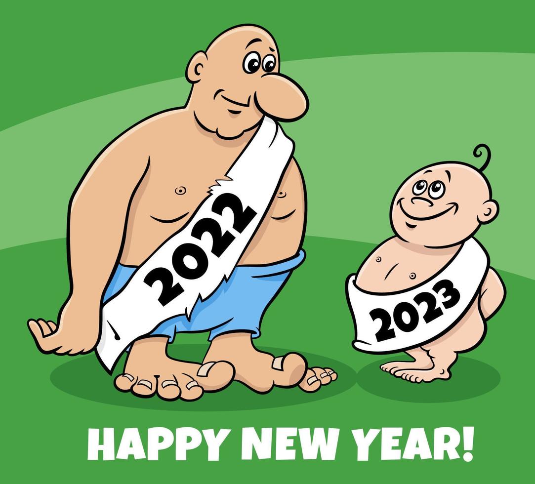 ilustración de dibujos animados de tarjeta de felicitación con año nuevo y viejo vector