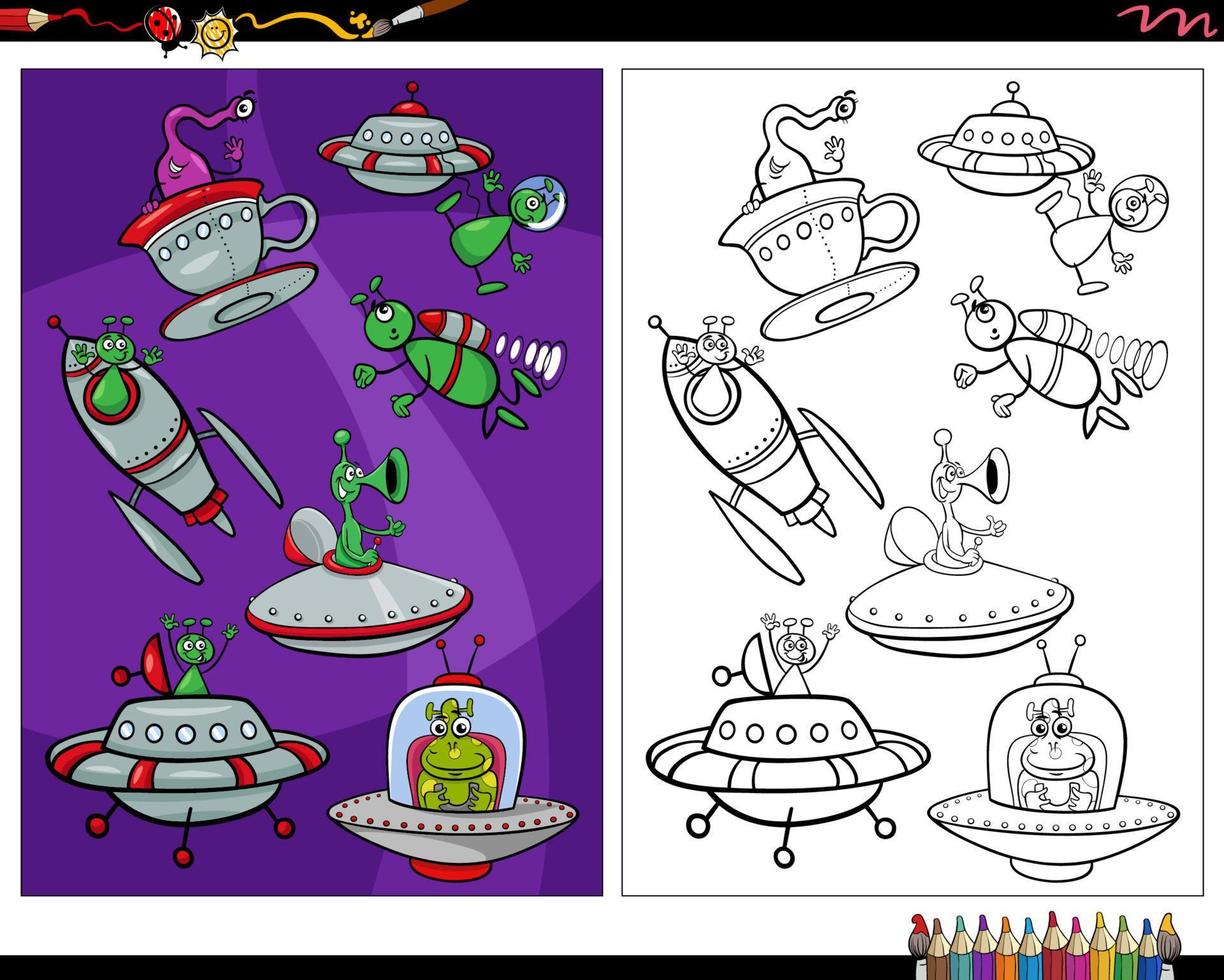 cartoon alien characters in space coloring page vector