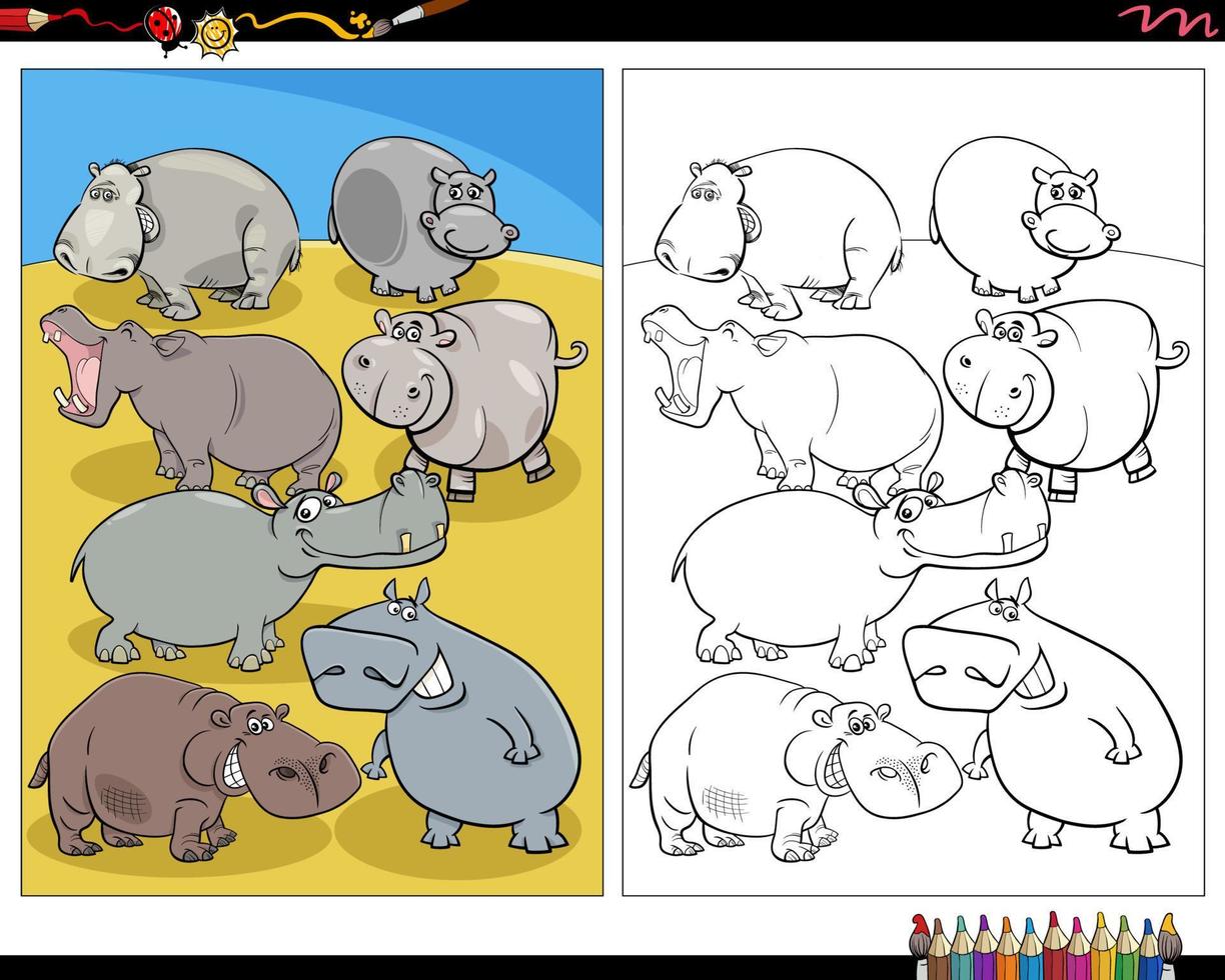 cartoon hippos animal characters coloring page vector