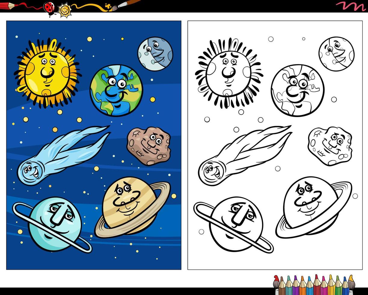 cartoon planets and orbs in space coloring page vector