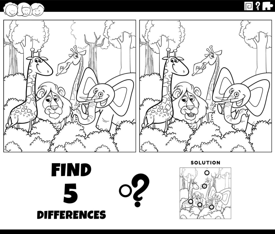 differences game with cartoon animals coloring page vector