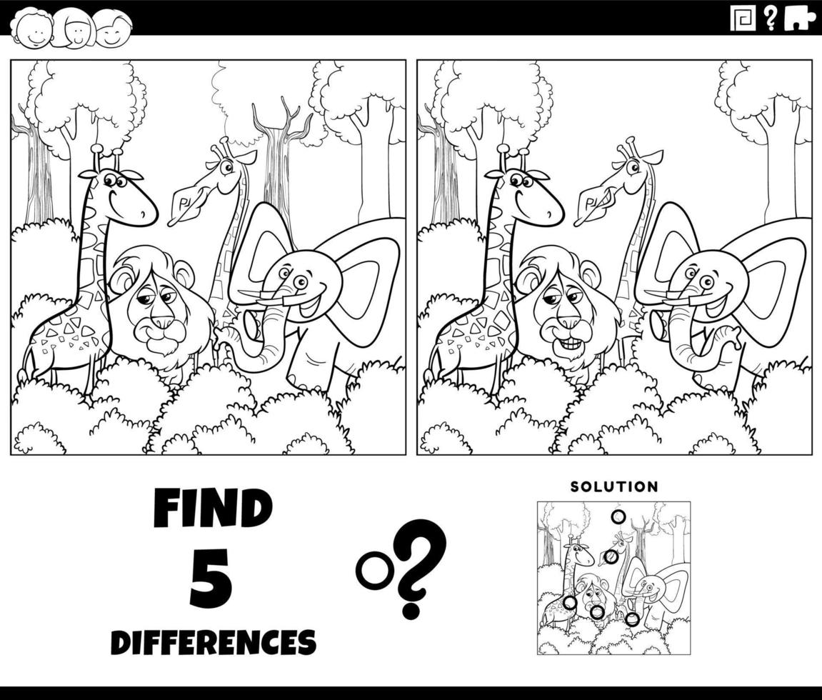 juego de diferencias con animales de dibujos animados página para colorear vector