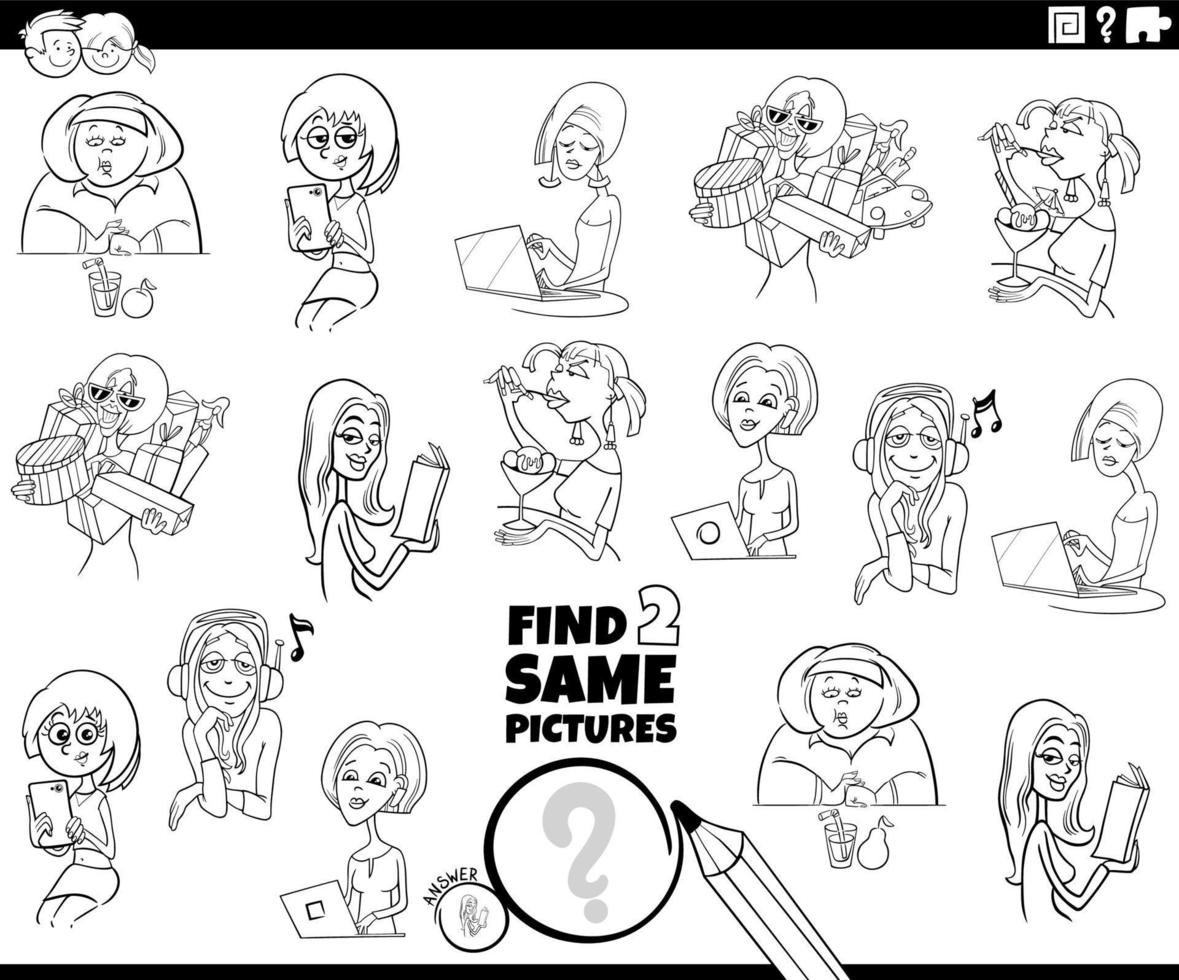 find two same cartoon women characters task coloring page vector