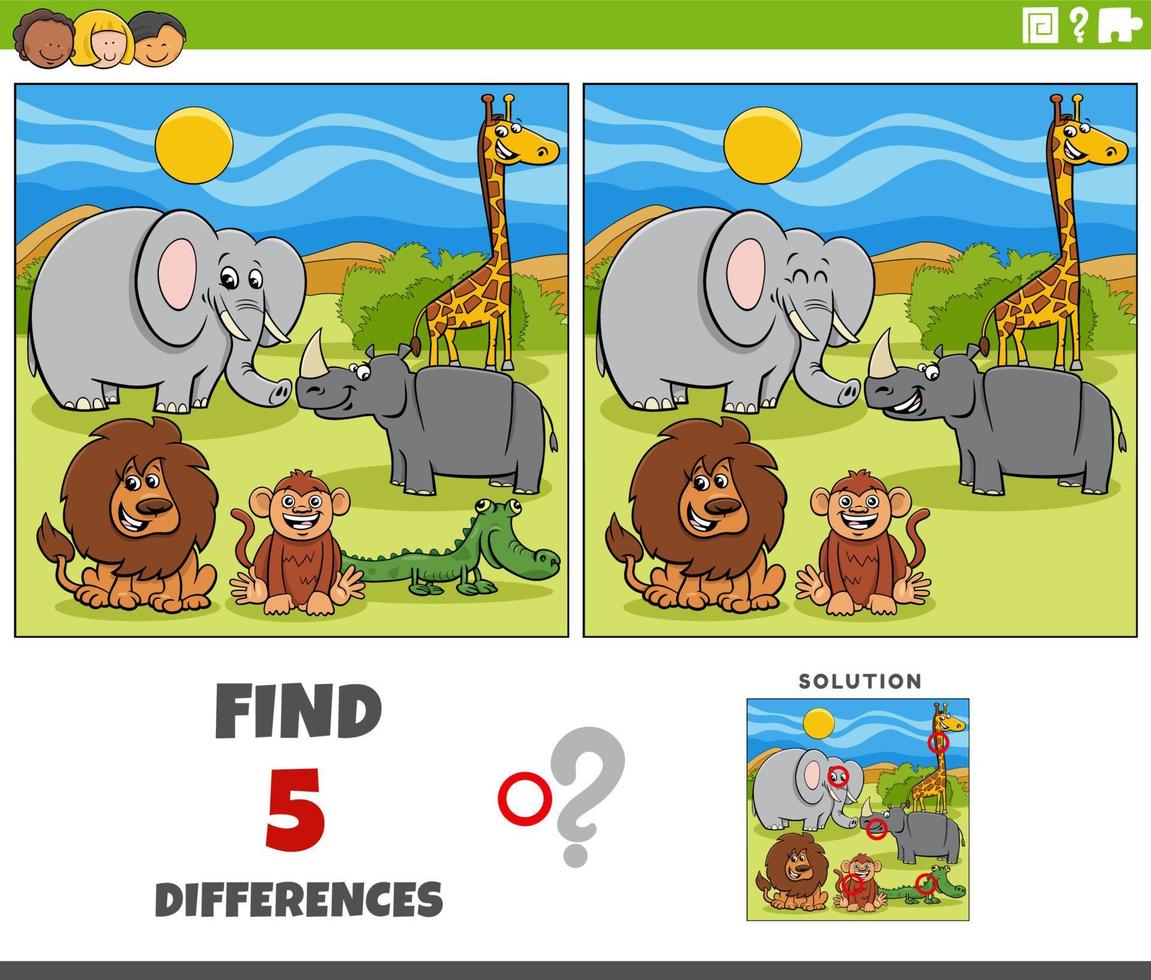 juego de diferencias con personajes de animales de safari de dibujos animados vector