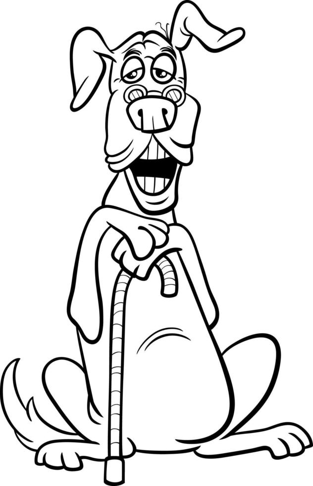 cartoon senior dog character with a cane coloring page vector