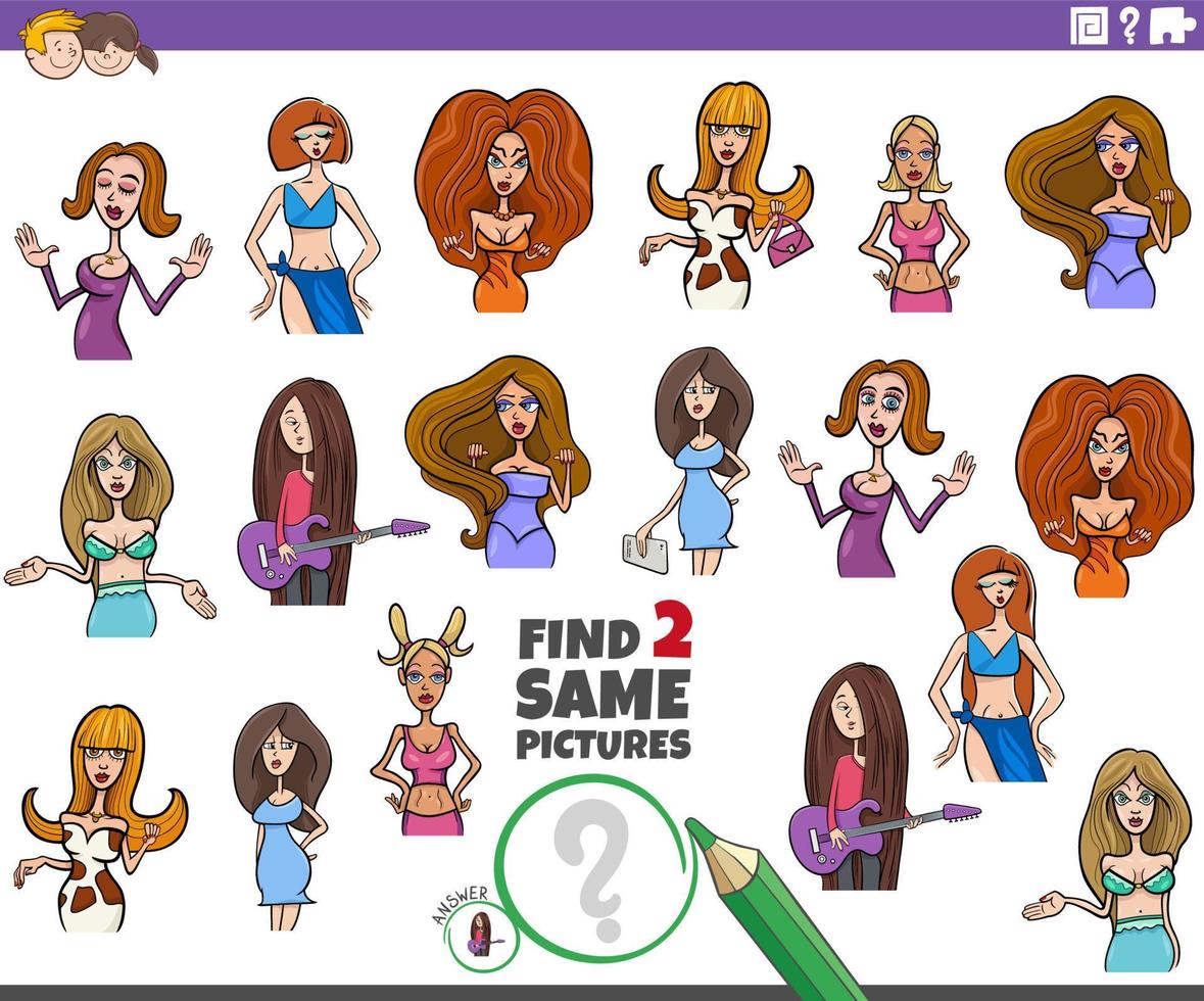 find two same cartoon women characters educational game vector