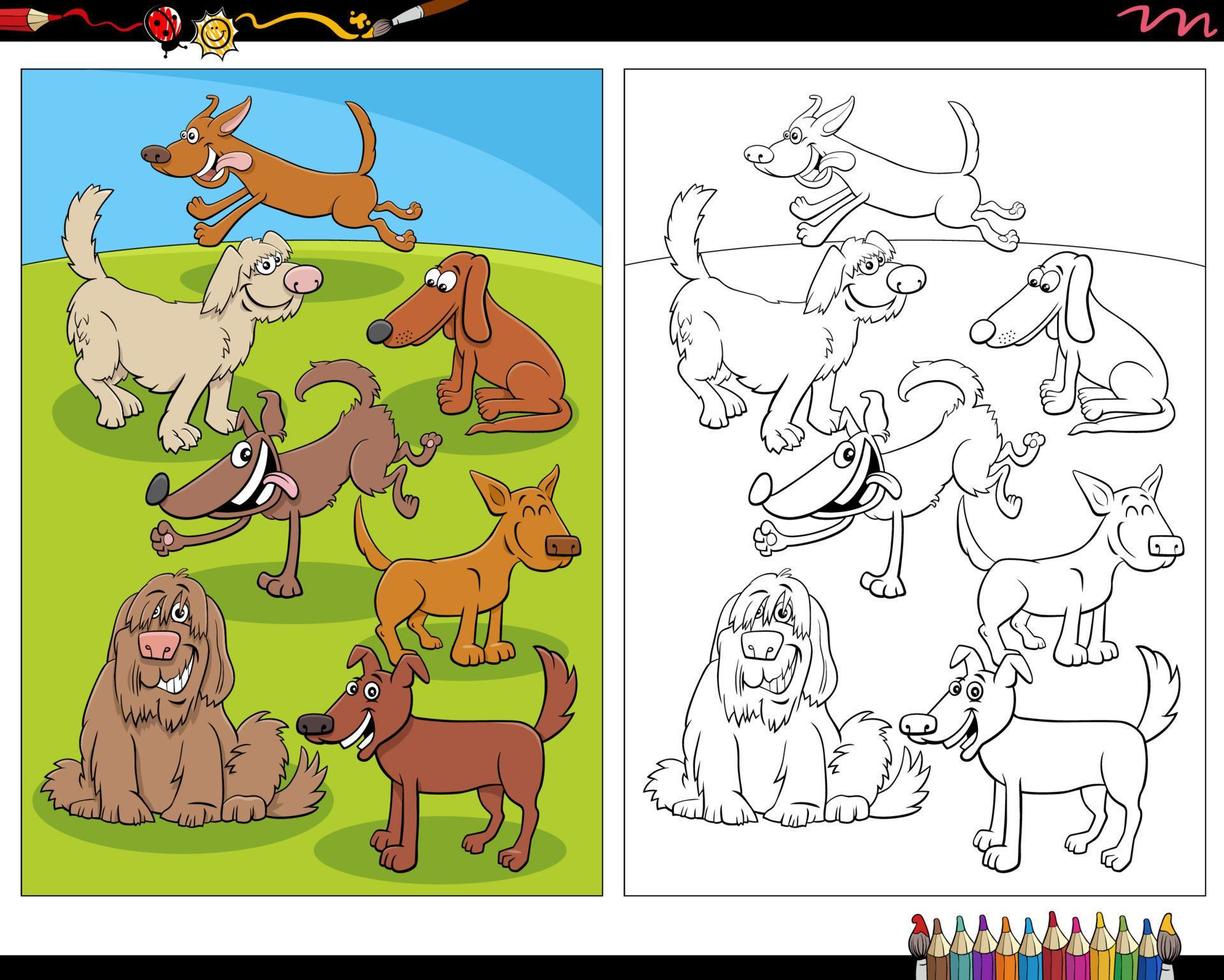 happy cartoon dogs animal characters coloring page vector