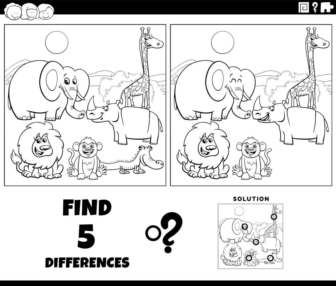 Juego de diferencias con animales de safari de dibujos animados para colorear página vector