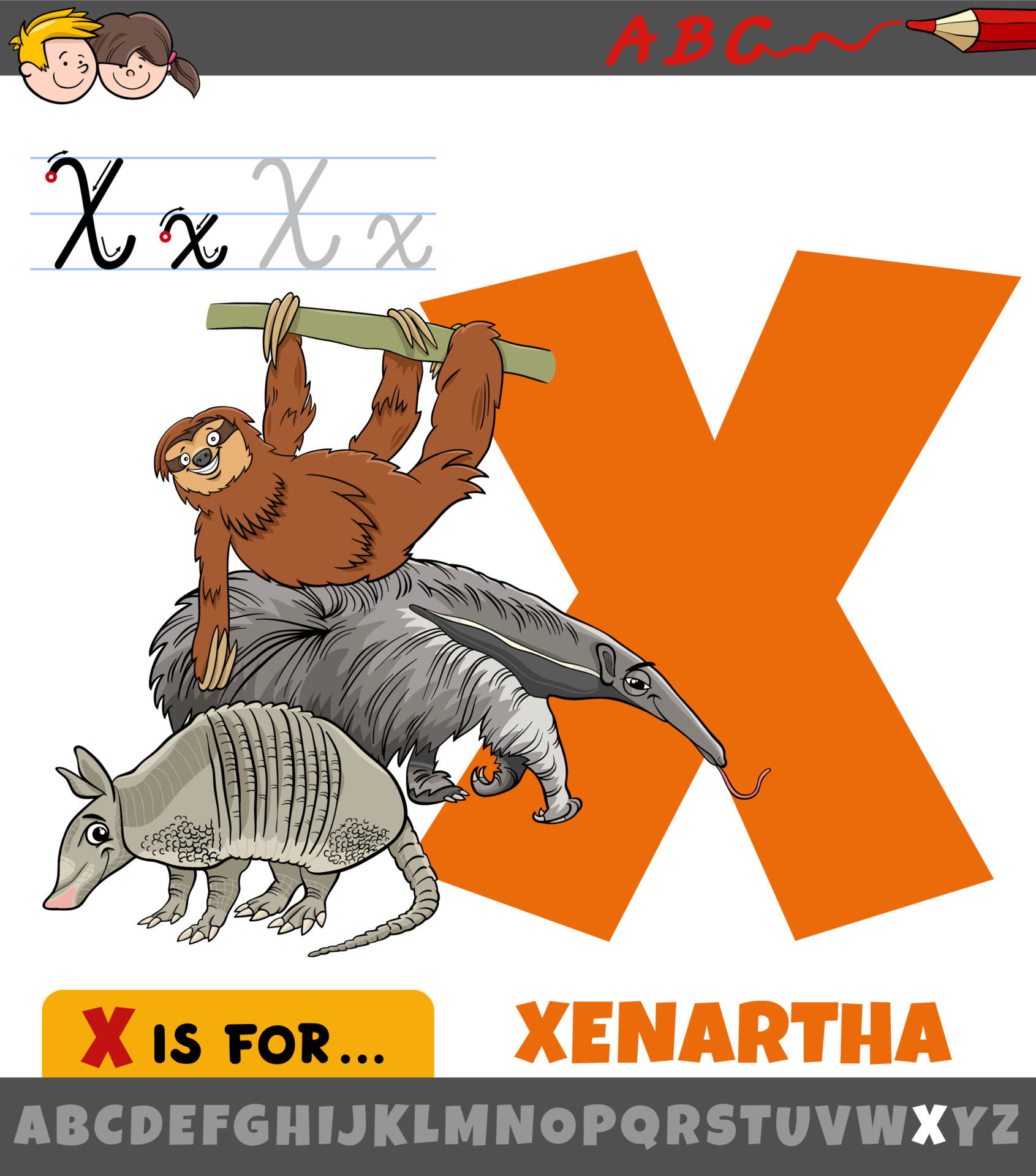 Letter X From Alphabet With Cartoon Xenartha Animals 10661478 Vector 