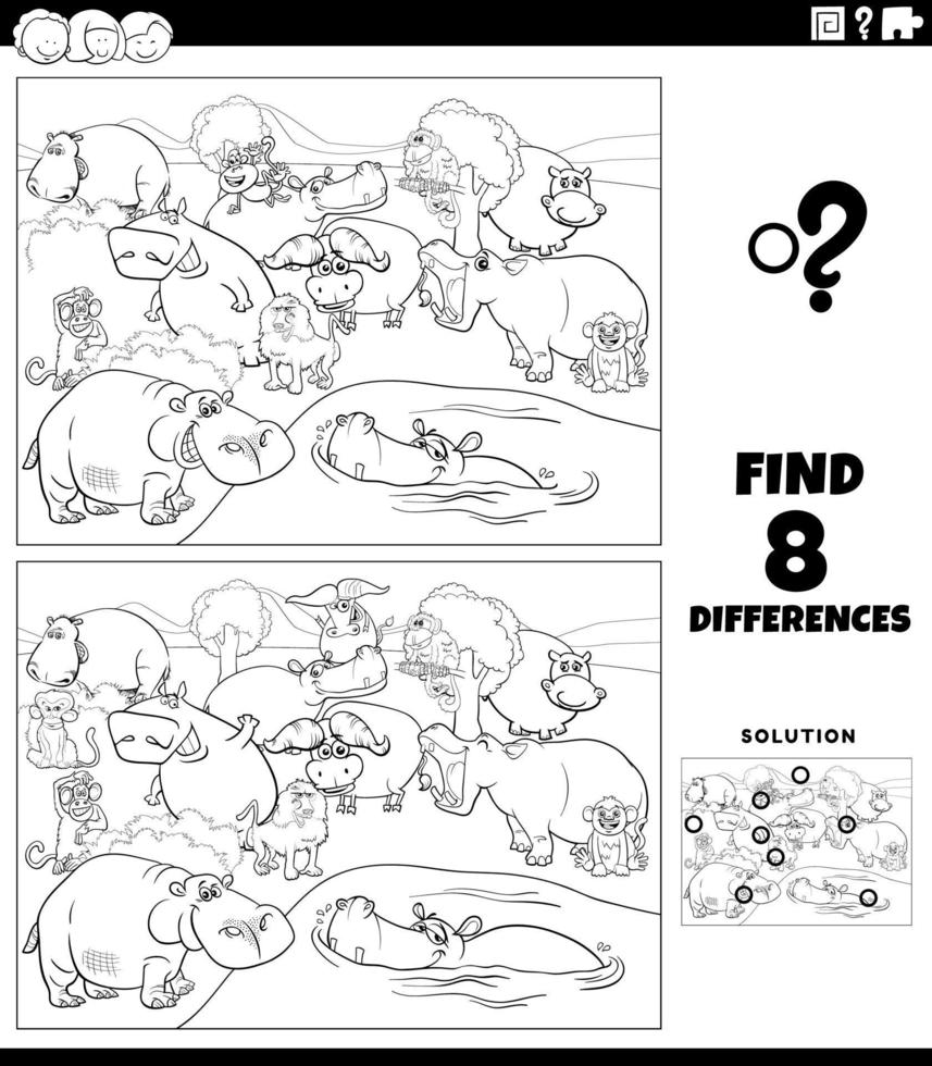 differences game with cartoon wild animals coloring book page vector
