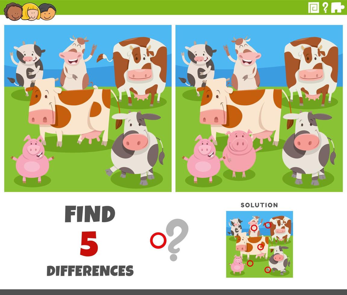 differences game with cartoon cows and pigs farm animals vector