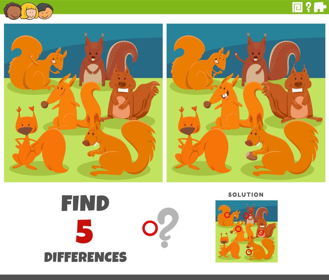 differences game with cartoon squirrels animal characters vector