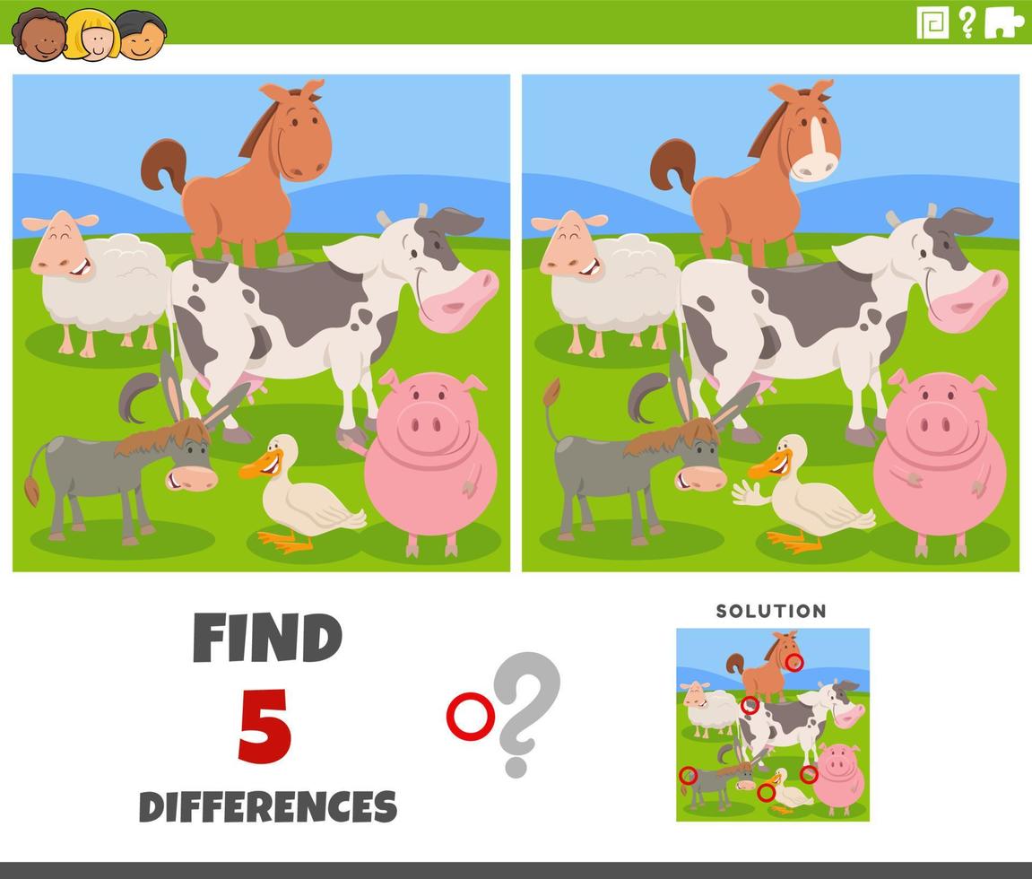 differences game with cartoon farm animals vector