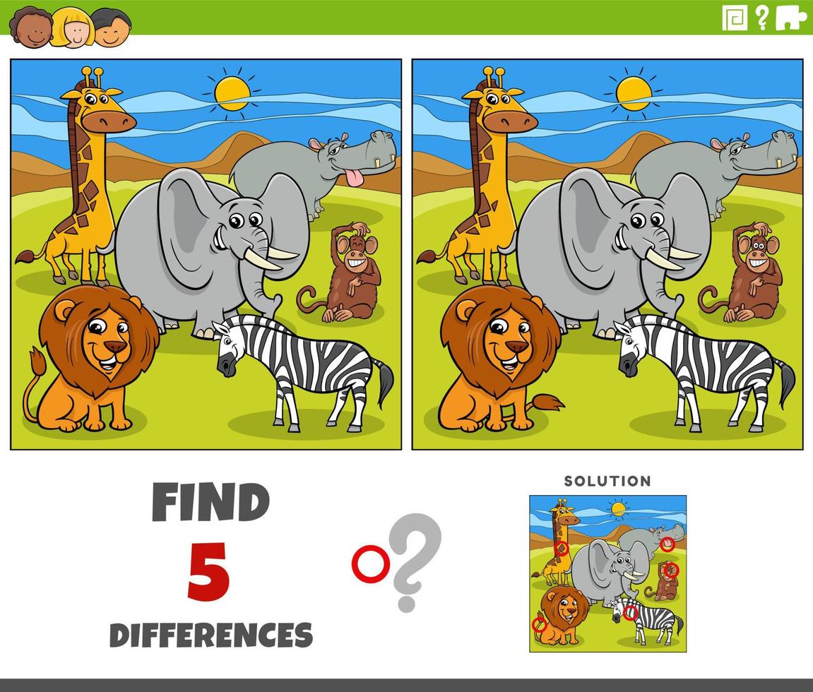 differences game with cartoon wild animal characters vector