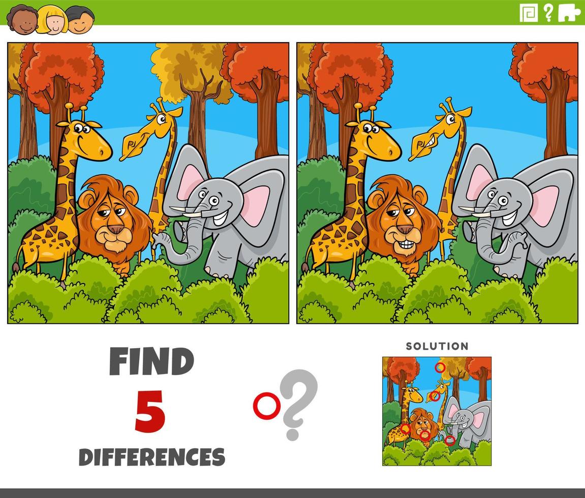 differences game with cartoon animal characters vector