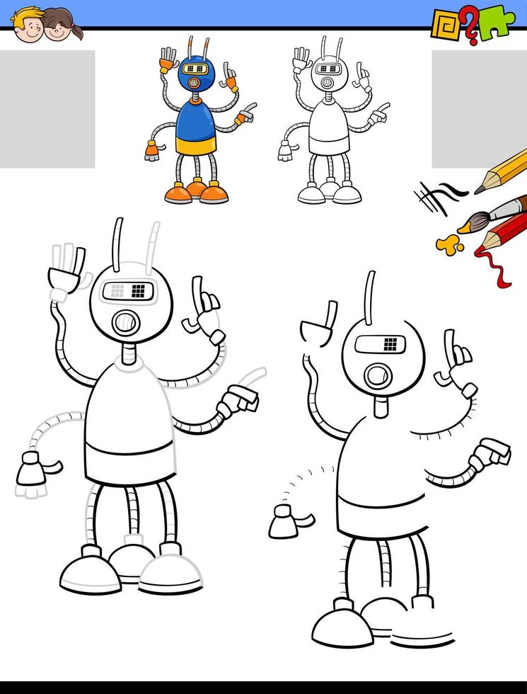 tarea de dibujar y colorear con un personaje robot divertido vector