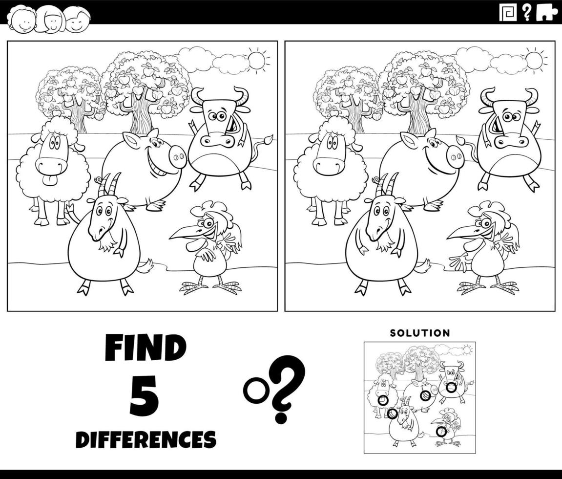 differences task with cartoon farm animals coloring page vector