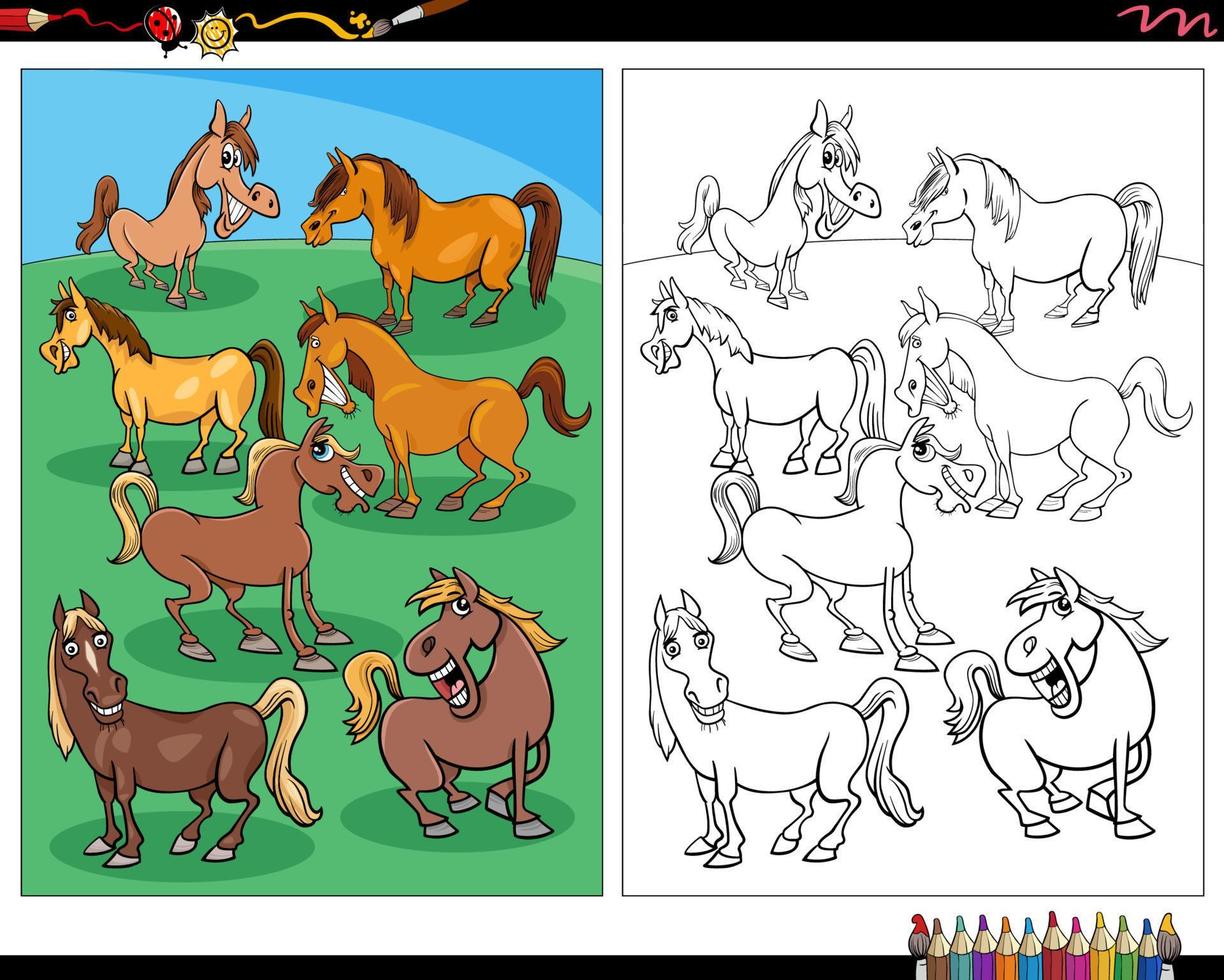 cartoon horses farm animal characters coloring page vector