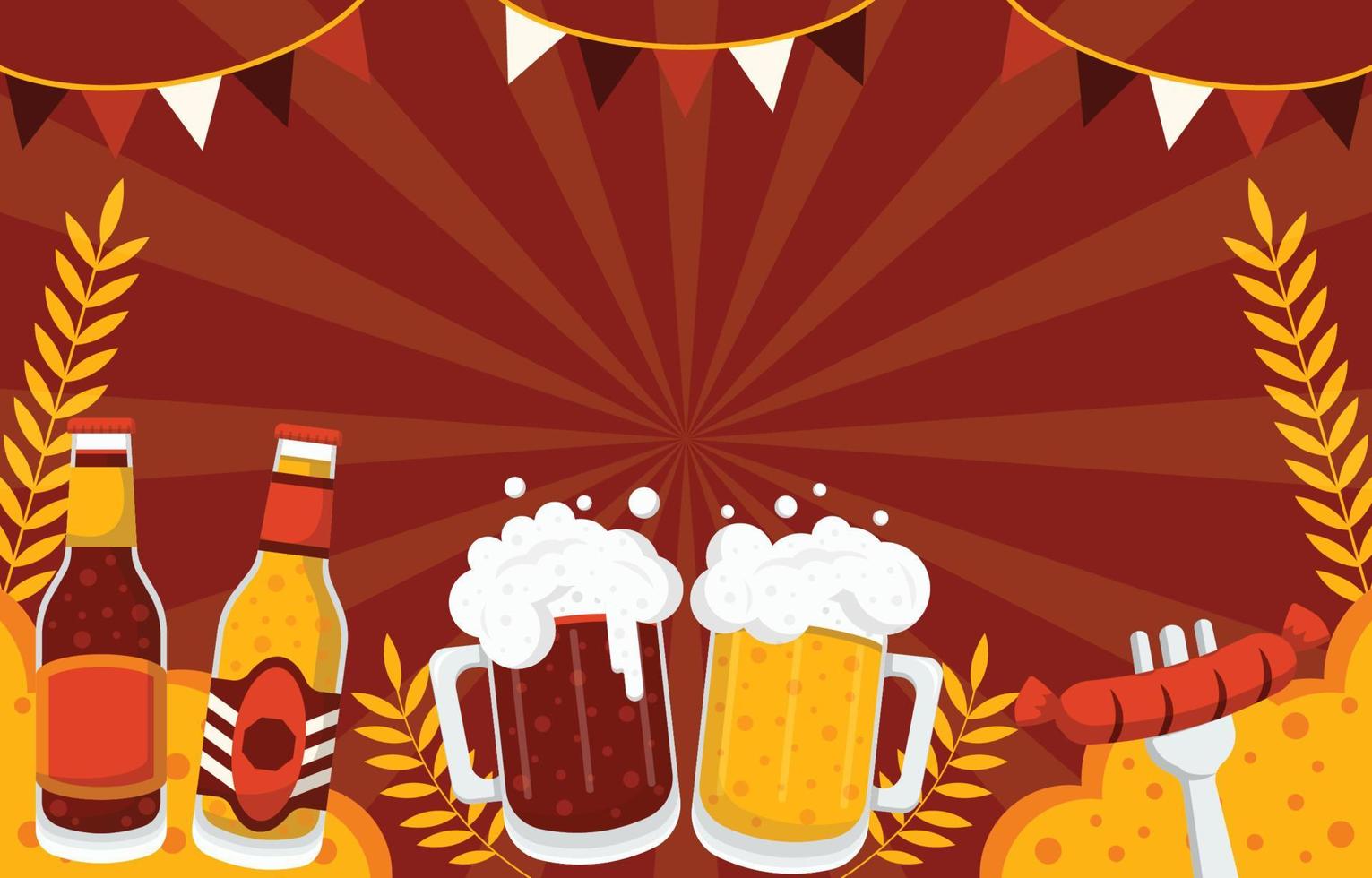 Bottles Foamy Beer Glass and Sausage For Oktoberfest vector