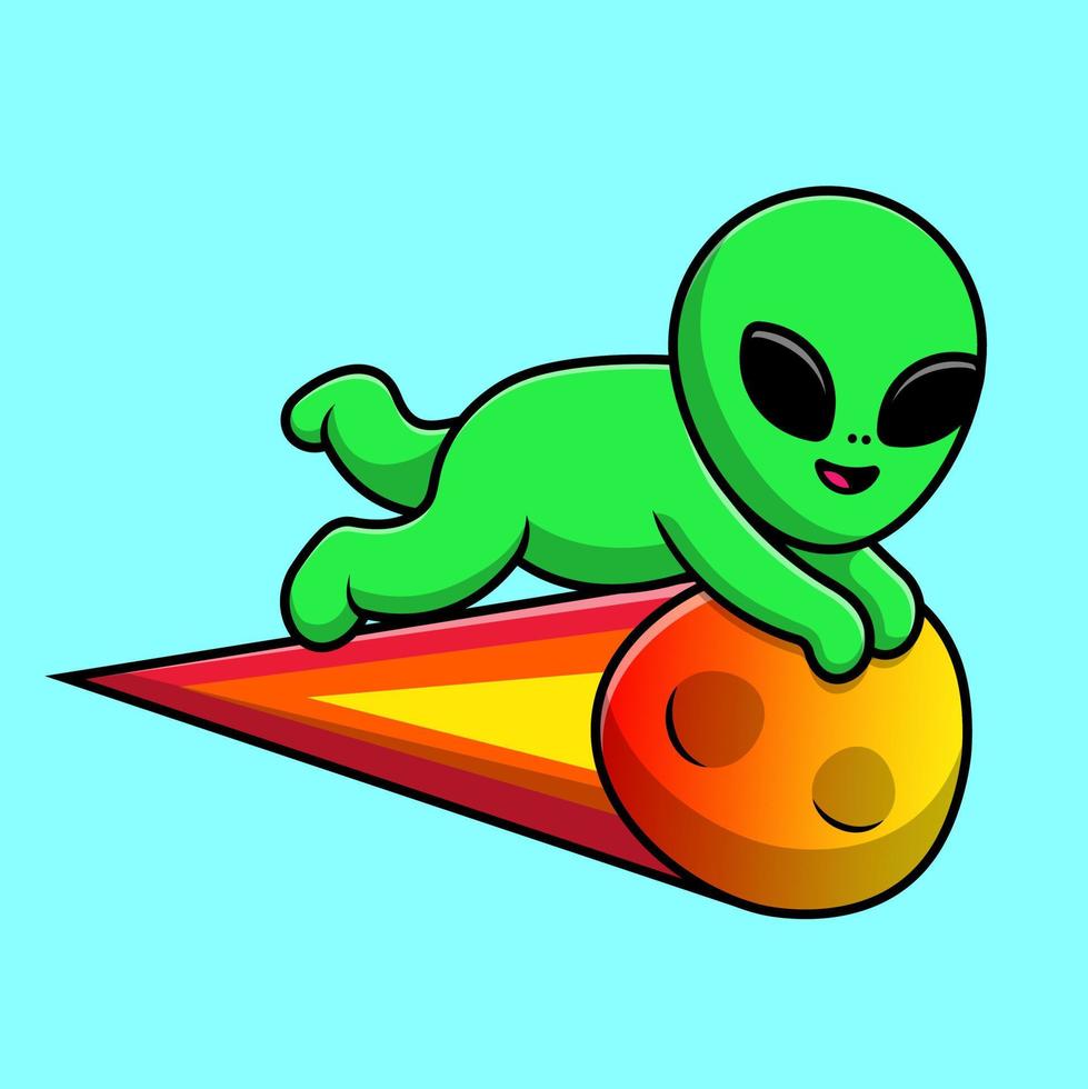 Lindo alienígena volando con ilustración de icono de vector de dibujos animados de meteorito. concepto de dibujos animados plana